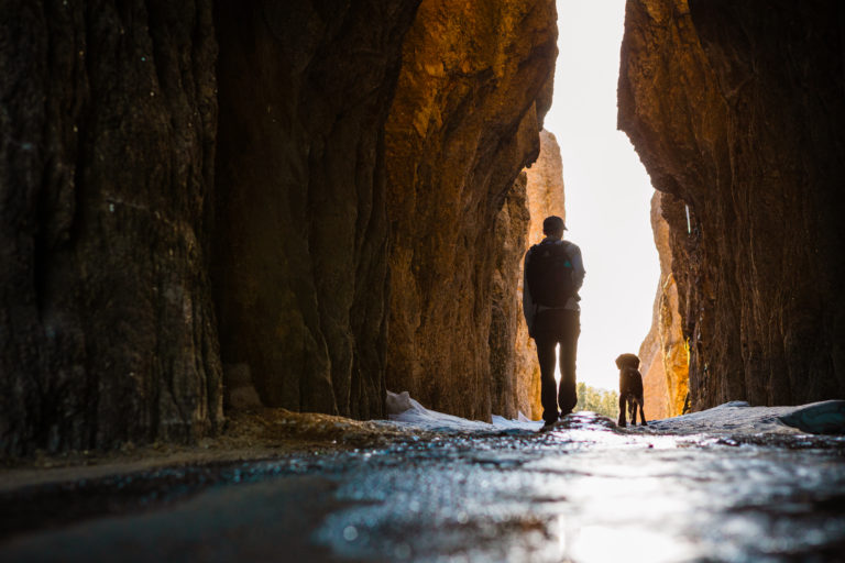 A man and his dog hiking in the Black Hills of South Dakota. One of the best dog-friendly elopement locations in the Midwest.