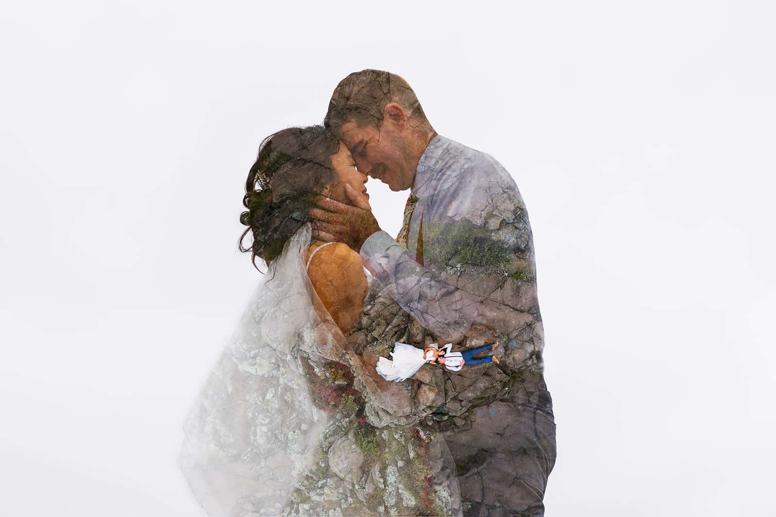 Double exposure image of a drone shot of a couple on their elopement day in Northern Minnesota (one of the best places to elope in the midwest!) overlaid with an image of the couple embracing,.