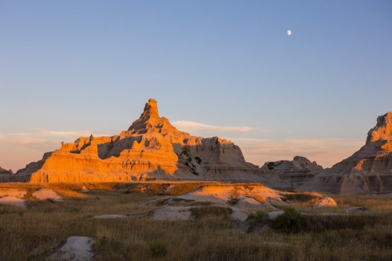 A beautiful scene of Badlands National Park in South Dakota during sunset.