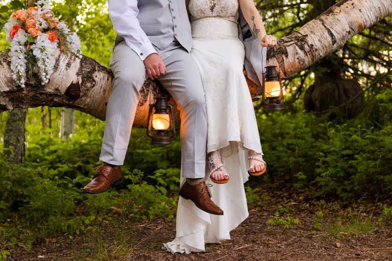 A bride and groom sit on the branch of a large Minnesota birch tree during their north shore elopement.