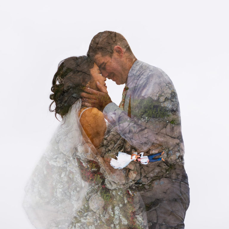 A double exposure photo of a bride and groom during their Duluth elopement taken by Minnesota Elopement Photographers Forever and Evergreens