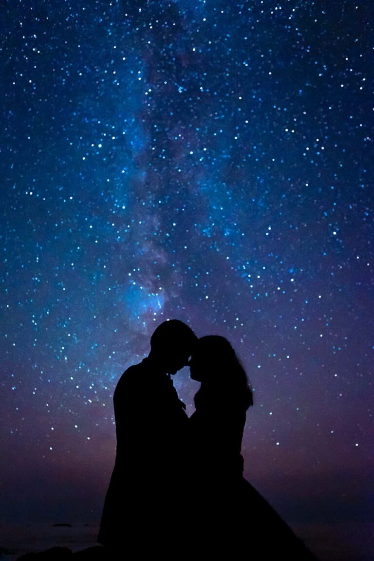 A couple embrace under the stars during their adventure elopement with Minnesota Elopement Photographers, Forever and Evergreens.