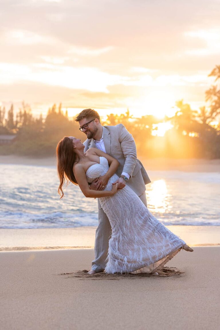 A bride a groom dance during sunrise on their elopement day with Forever and Evergreens.